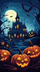 Illustration of a spooky Halloween night with a full moon, scary pumpkins, autumn trees and a haunted house in the background