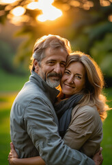 Fototapeta premium Happy older couple embracing outdoors at sunset in a scenic park