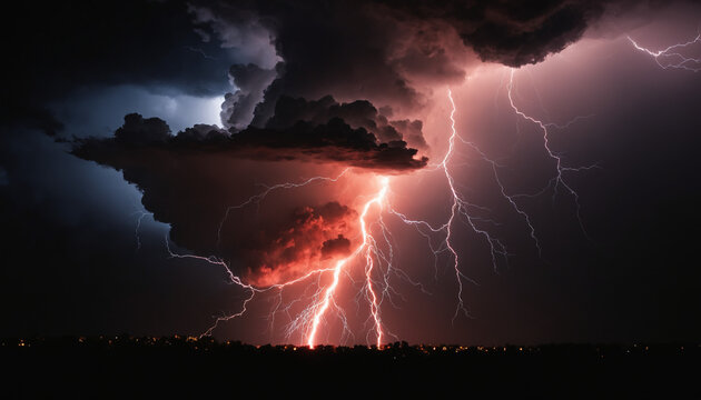 Foudre tonnerre orage arc &eacute;clair rouge ville n&eacute;on &eacute;lectricit&eacute; fond noir.	
