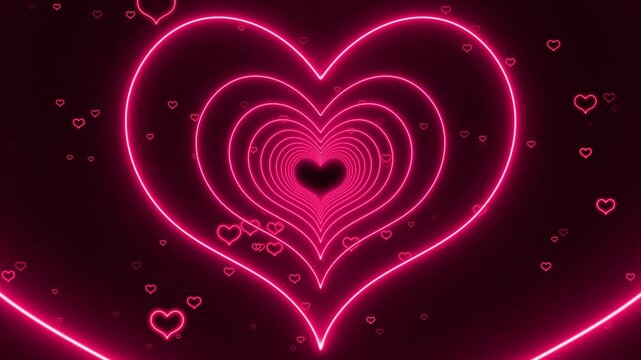valentines day neon hearts on dark background loop animation, valentine and romantic love background, shiny and glowing neon lights hearts