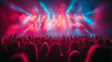 A crowd of people raise their hands during a concert in a brightly lit venue.