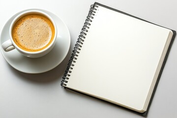 A blank notebook and a cup of coffee, set on a clean desk, representing the beginning of a study session in a minimalist environment