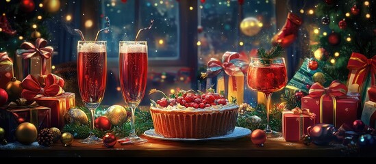 Celebration featuring a festive atmosphere with sparkling beverages a beautifully decorated dessert joyful decorations and an array of presents all contributing to a sense of merriment