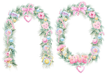 Cute Christmas Watercolor Holiday Set. Christmas tree Wreath Frame, cute girly ornaments, festive decor