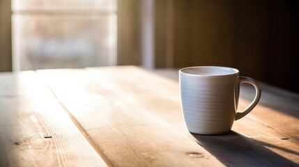 A white ceramic mug basks in the gentle morning light on a wooden table, evoking a cozy and peaceful moment of solitude.