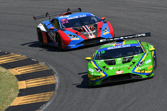 Scarperia, Italy - July 13th 2024: Lamborghini Huracan GT3 EVO 2 of team VSR drive by Cazzaniga Riccardo and Liberati Edoardo in action during ACI CSAI Racing Weekend 2024 at Mugello Circuit.