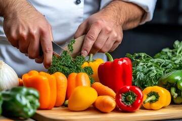 A chef chopping fresh vegetables on a wooden cutting board, with vibrant colors of peppers, carrots, and herbs
