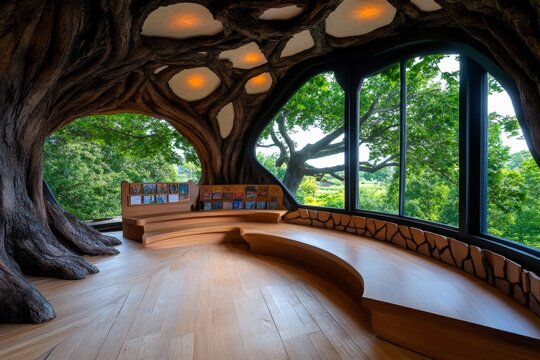Fototapeta A classroom inside a treehouse, where students study enchanted plants and creatures, with windows looking out onto a magical forest
