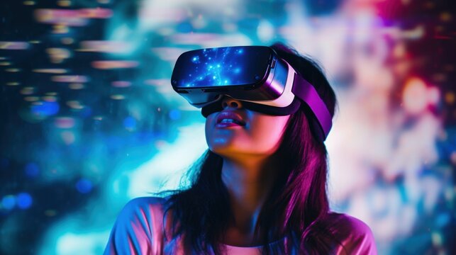 A woman immersed in a VR experience, with vivid colors and starry visual effects illuminating her fascinated expression, symbolizing the future of technology.