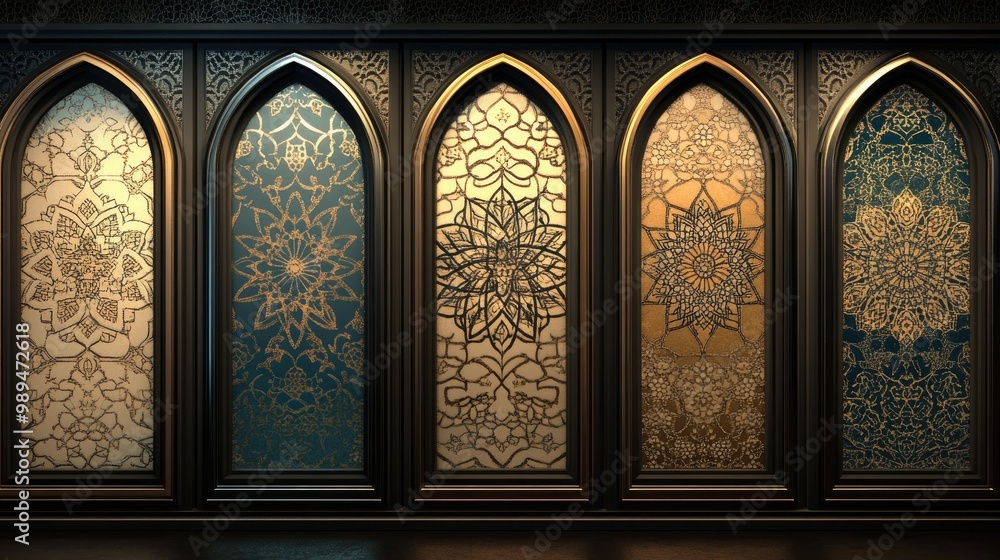 Poster set of flat windows featuring intricate mandala patterns