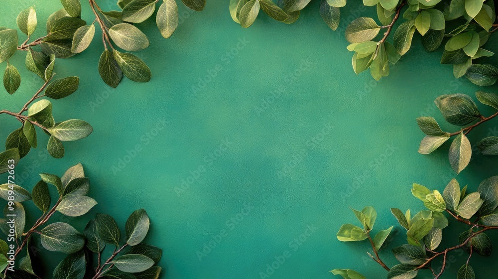 Poster circle of green leaves on a branch creating a border on a vibrant green background perfect for a pos