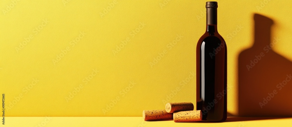 Poster wine bottle and corks on a flat surface with a yellow background featuring a shadow effect