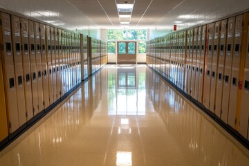 A clean, empty school hallway, with sunlight streaming through the windows and rows of closed lockers, symbolizing calm before the school day begins