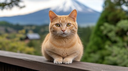 富士山が見える日本のバルコニーでくつろぐかわいいマンチカン猫