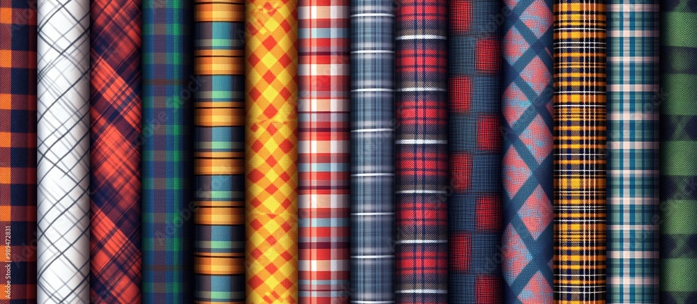 Poster patterns for fabric printing featuring plaid and checkered designs created using rotary screen print