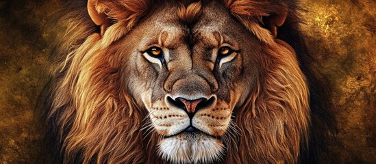Naklejka premium Regal lion face with an impressive mane symbolizing strength and majesty in the animal kingdom