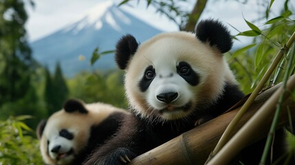 Fototapeta premium 日本の竹林にいるパンダと美しい山の景色を描いた自然ポスター