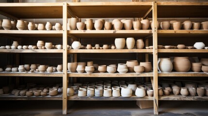 Shelves filled with neatly organized pottery in various stages of completion, showcasing the art of ceramics with a focus on craftsmanship and artisanal beauty.