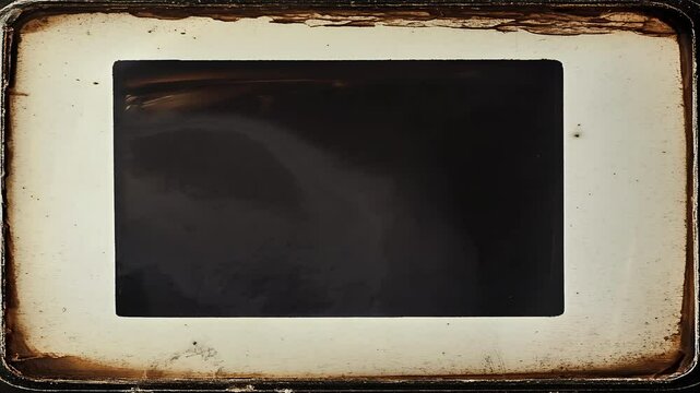 vintage front view of an old square display frame with a black surface, white border around the edges. Polarized light photography, sparkling effect, in shades of dark brown and beige, with dust.
