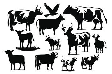 cow set silhouette vector with Bird