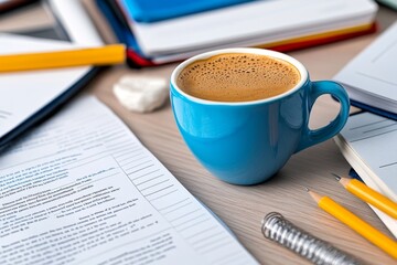 A close-up of a teacherâ€™s desk, covered in textbooks, lesson plans, and a cup of coffee, representing a busy day of teaching