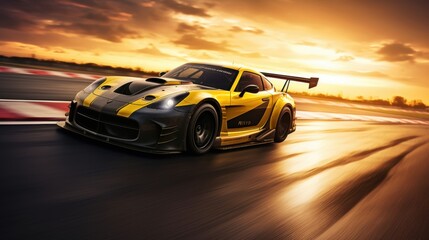 Obraz premium A sleek sports car races on a track during a dramatic sunset, highlighting its streamlined design and the thrill of high-speed competition, perfect for automotive enthusiasts.