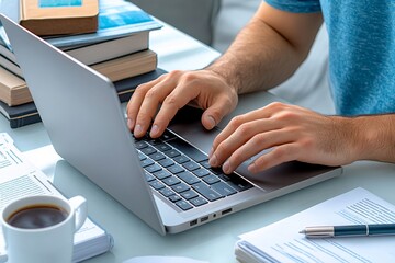 A close-up of hands typing on a laptop, surrounded by books, papers, and a cup of coffee in a quiet research setting
