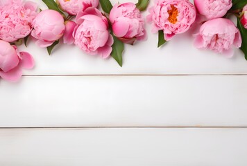 Pink Peonies Floral Border on White Wood