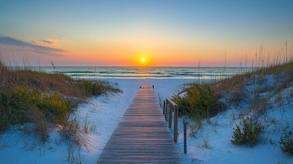 Serene sunset view over the ocean from a wooden pathway on a sandy beach