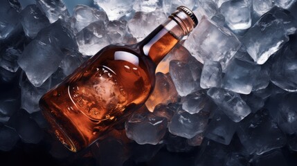 A single bottle of amber-colored liquor rests among large ice cubes, its cool surface glistening, creating a refreshingly luxurious scene.