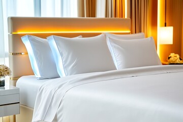 A detailed shot of a luxury bed with silk sheets, designer pillows, and soft lighting creating a calm, exclusive ambiance