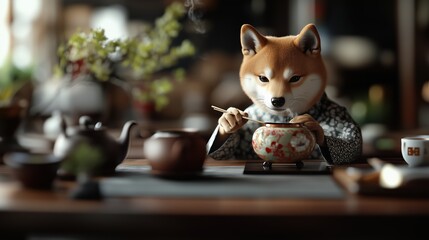春の茶道の師匠としての柴犬 - ポスターの日本文化コンセプト