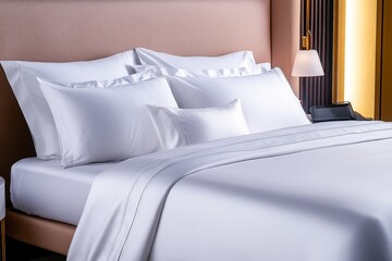 A detailed shot of a luxury bed with silk sheets, designer pillows, and soft lighting creating a calm, exclusive ambiance