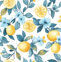 Watercolor, white and yellow floral pattern with lemons