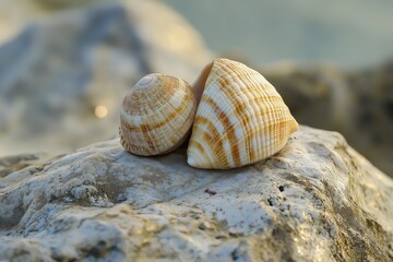 A close-up of two sea shells placed on a rocky surface near the coast, beautifully detailed and textured.