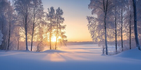 Naklejka premium A beautiful winter scene showing snow-covered trees with the sun rising in the background, illuminating the landscape.