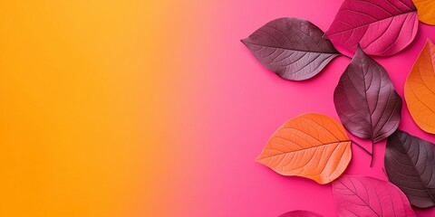 A collection of autumn leaves in various shades of red and orange are arranged on a pink and orange background for a pop of color.