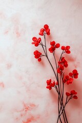 Delicate red flowers on long stems set against a softly textured pink to white gradient background, exuding elegance and simplicity.