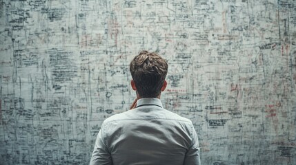 A man is currently standing right in front of a wall and gazing at it