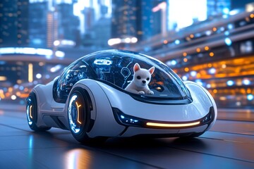 Naklejka premium A futuristic city where pets are transported by floating vehicles, with sleek design and holographic pet accessories