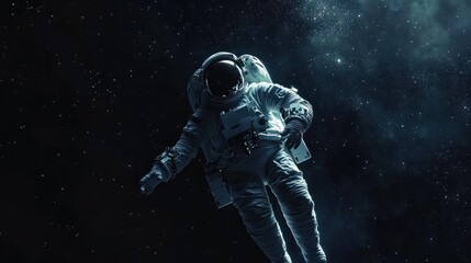 Single astronaut floating in space with dust and stars, created using generative ai technology