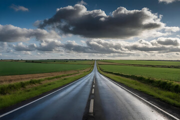 Fototapeta premium Scenic Road Under Blue Sky. Wallpaper for Travel and Nature Lovers. Adventure, Journey.