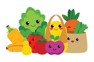 vegetables and fruits, Healthy food clean eating selection fruit and vegetable Ecofriendly packaging reusable bag Plastic free Zero waste lifestyle on white background