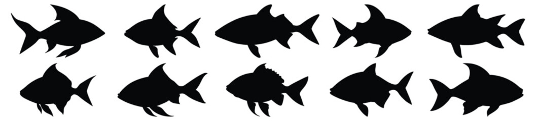 Fish silhouettes set, fishing pack of vector silhouette design, isolated background.