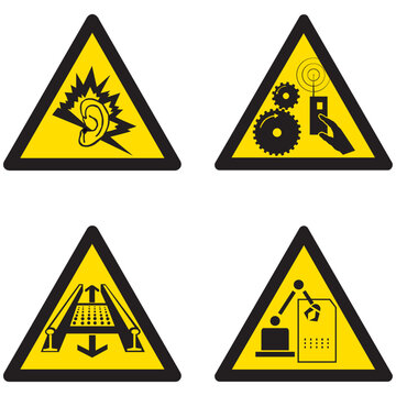 SA021,SA022,SA023,SA024, peligro ruido intenso, peligro arranque a distancia, pluma eligro rail giratoriio, peligro maquina en funcionamiento, aviso, gr&aacute;fico, logo, concepto, corte, tri&aacute;ngulo iso, pre