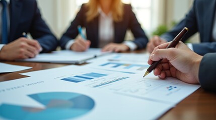 A corporate compliance meeting with professionals reviewing documents, emphasizing attention to detail and regulations