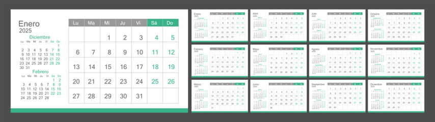 Monthly calendar 2025 in Spanish. The week starts on Monday
