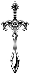 Elegant silhouette sword with eye and beads. Tattoo, intricate design and decor element. Highly detailed and accurate lines for print or engraving