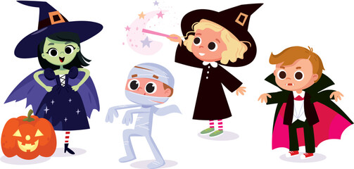 Obraz premium Cartoon children in halloween costumes. Little witch with a pumpkin, a mummy, Dracula, vampire, zombie, a witch with a magic stick.