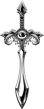 Elegant silhouette sword with eye and beads. Tattoo, intricate design and decor element. Highly detailed and accurate lines for print or engraving